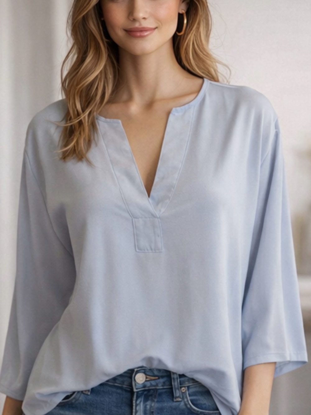 Banana Republic Light Blue V-Neck Blouse Office Work Wear Size XL Soft Casual
